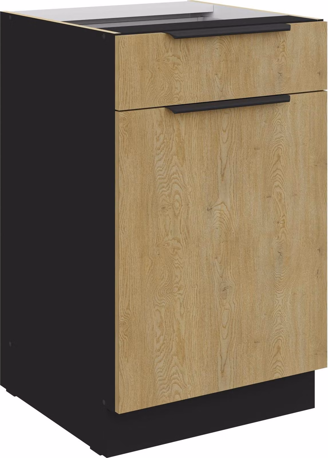 Mobile base da cucina 50 cm CREMONA, rovere chiaro + nero opaco, cassetto a estrazione totale con chiusura ammortizzata, cucina, cucina a incasso, blocco cucina