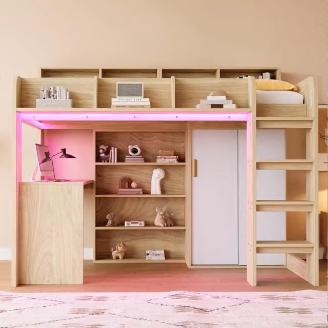Letto a soppalco 90x200 con scrivania; armadio; contenitori e LED; finitura legno naturale