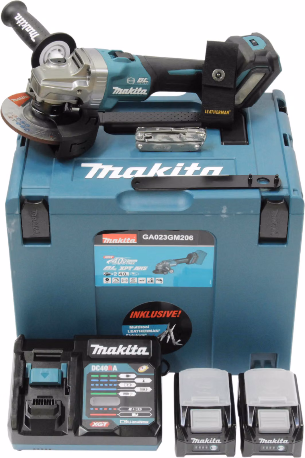 Makita GA023GM206 Smerigliatrice angolare a batteria 40V max. / 2x batteria 4,0 Ah + caricabatterie rapido in MAKPAC + calcio laterale