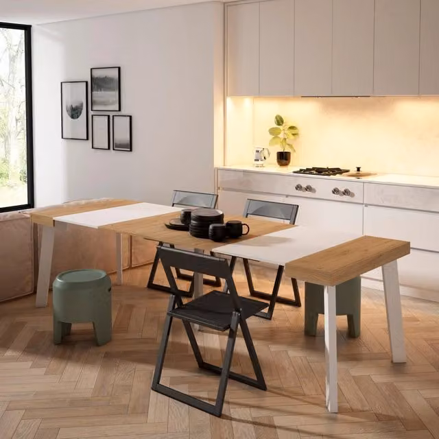 Consolle allungabile, 262x90x73cm, Per 12 persone, Gambe in legno, colore Rovere e bianco RF3114