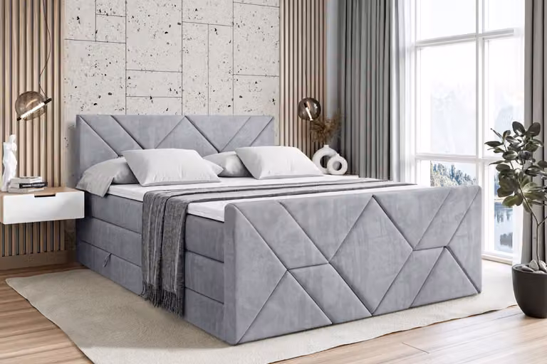 Letto boxspring ALTDECOR con pediera, 2 materassi e topper - 200x200 cm - BARWA-Z KING - Grigio chiaro Monolith - Letto imbottito con materassi H3 e H4, contenitore e rete a doghe, letto con contenitore