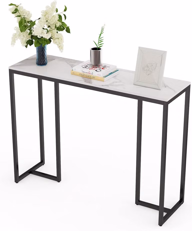 Tavolino consolle – Mobiletto per l'ingresso – Tavolino da divano – Piano in marmo effetto bianco – Materiale in pietra sinterizzata resistente al calore