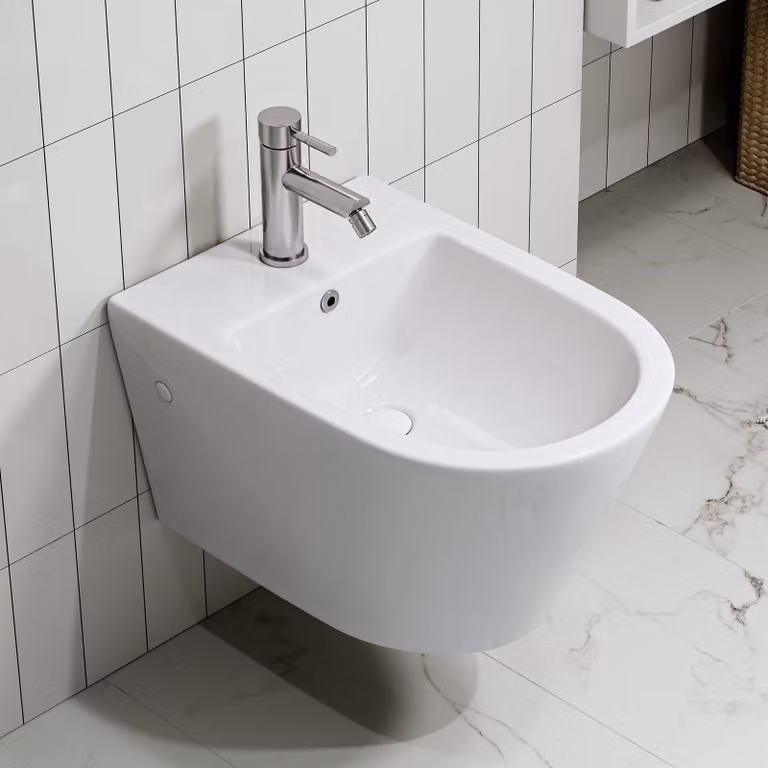 HOROW Bidet sospeso senza bordo Creavit con rivestimento nano in Vetroceramica bianca Bidet a parete con foro per rubinetto e troppopieno 52,5 x 36,5 x 30 cm
