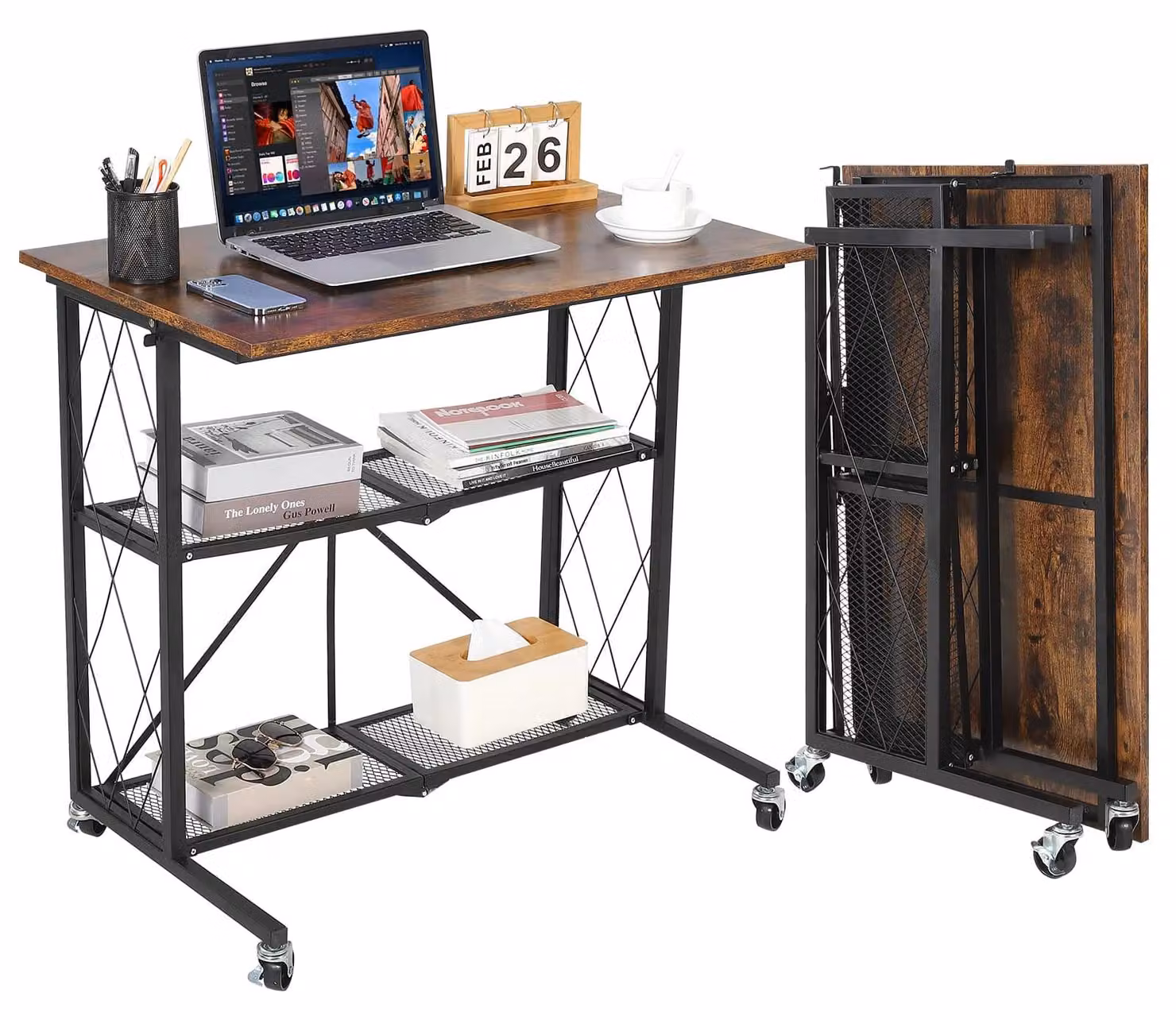 Scrivania pieghevole con 3 ripiani - Scrivania portatile per laptop - Struttura in metallo - Ruote - Ampio spazio di stoccaggio - Assemblaggio richiesto - Marrone