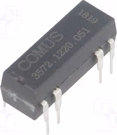 1 relè: contatto Reed, massimo 500mA, 150VDC. Bobina: 5VDC, 10W. Montaggio su circuito stampato. Codice prodotto: 3572.1220.051. Produttore: Elektromagnet