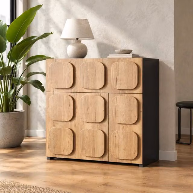 Credenza 79.6x34.8x81.5 cm a 4 vani in legno ingegnerizzato naturale e nero