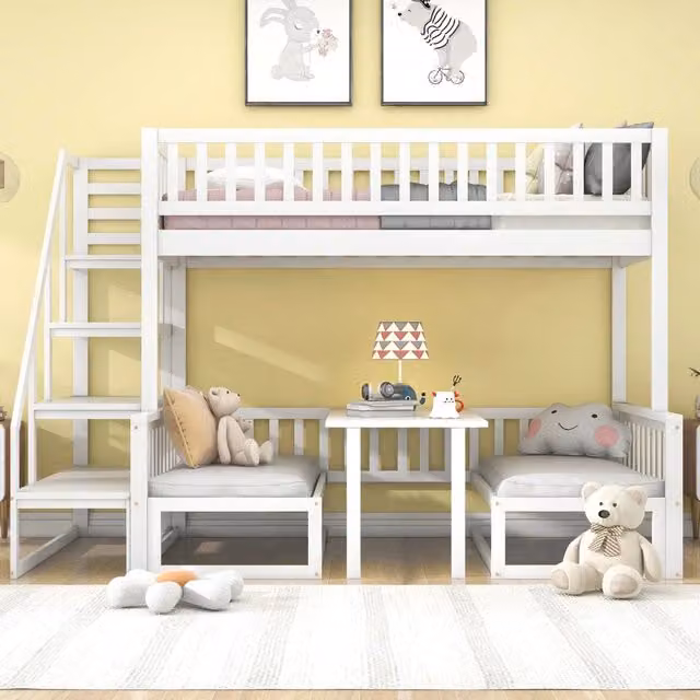 Letto a castello 90×200 cm e 120×200 cm con scala, tavolo regolabile e divani, senza materasso, in legno, bianco
