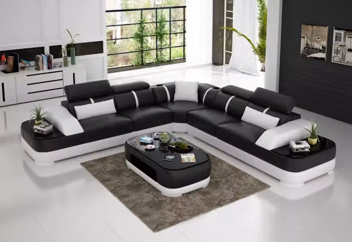 Design Möbel Eckcouch Ecksofa Wohnzimmer Lederpolster Couch Sofa L-Form + Tisch