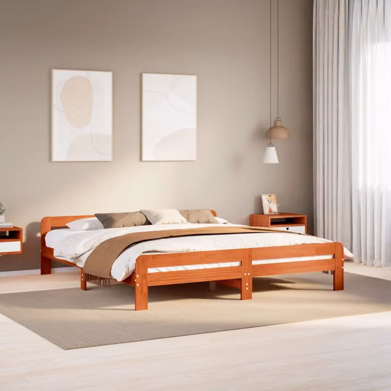 Letto in legno di pino vidaXL senza materasso, colore marrone cera, L/P/H: 200 x 200 x 53 cm