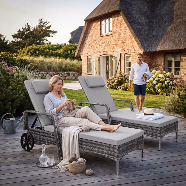 Lettino prendisole in polyrattan con ruote e poggiatesta regolabile TecTake GmbH grigio