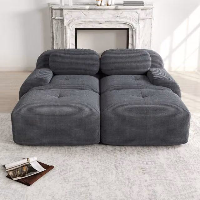 Divano 2 posti velluto a coste modulare grigio 208 x 178 x 70 cm con braccioli ergonomici e imbottitura alta densità