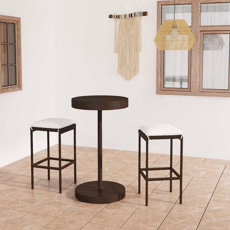 vidaXL Set Bar da Giardino 3 pz in Polyrattan Marrone con Cuscini Rimovibili