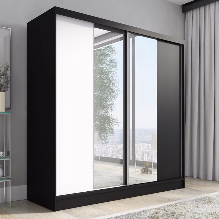 Armadio a porte sospese, a 2 ante con specchio SOLO 200 (Nero, Nero, Bianco)