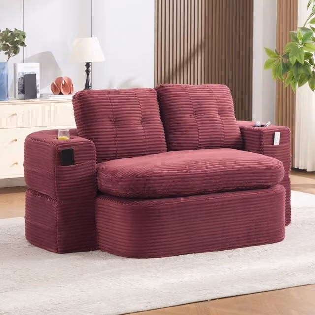 Divano convertibile 2 in 1 in velluto a coste; poltrona letto con funzione letto; braccioli regolabili; portabicchieri integrati; rosso