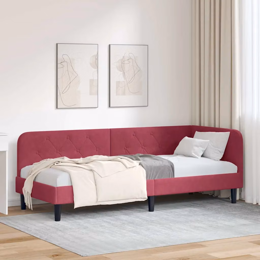 vidaXL Cornice del letto ad angolo asimmetrica in velluto rosso, L/P/H: 200 x 80 x 72 cm – 1