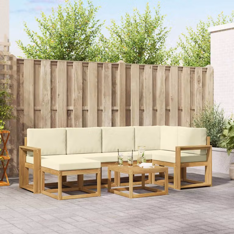 vidaXL Set di divani da esterno a L in legno di acacia con tavolo da caffè, 7 pezzi, Bianco e Beige