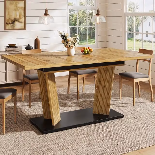 Tavolo allungabile da pranzo con guide di precisione in MDF color rovere e base con piedini regolabili antiscivolo