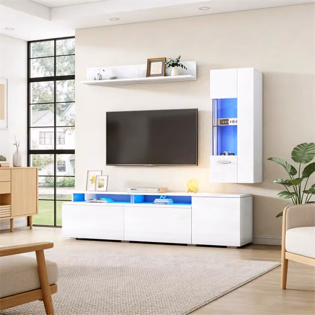 Parete attrezzata TV 3 pezzi con LED; mobile 180 cm; vetrina e mensola; bianco lucido