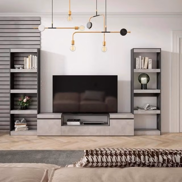 Mobile TV, Soggiorno, 320x35x186cm, Per TV fino a 80", Set di mobili, grigio cemento RF2606