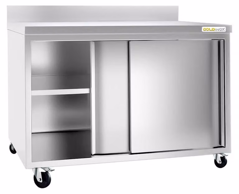 Mobile basso in acciaio inossidabile, dimensioni 1500x700 mm, montato su ruote di alta qualità - GOLDINOX