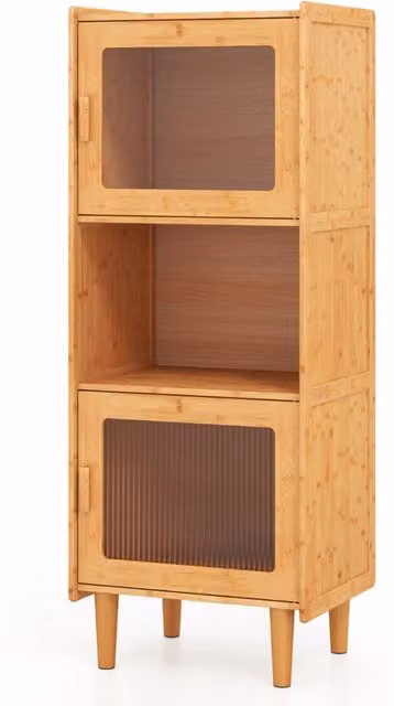 Mobile credenza buffet Design Mania in bambù naturale con 3 cubi, scomparto aperto e 2 ante in acrilico, ideale per cucina o soggiorno, colore marrone