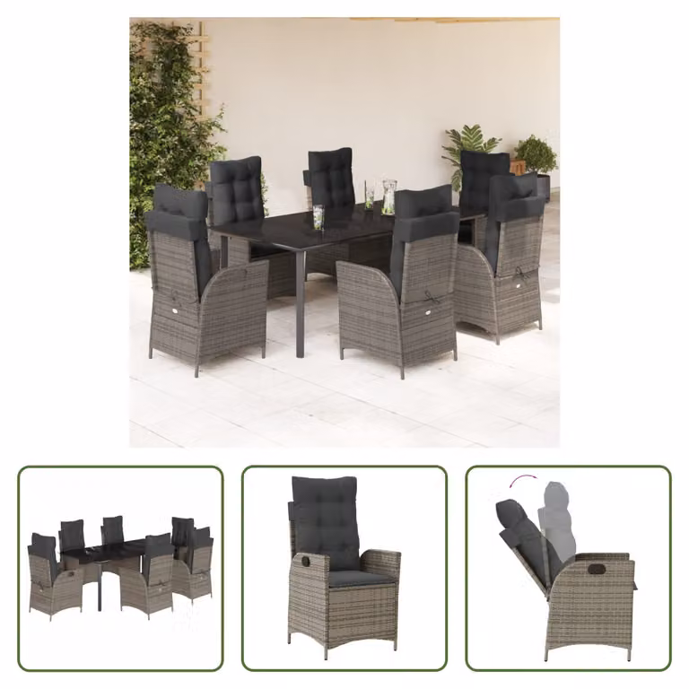 The Living Store Set da pranzo da giardino 7 pezzi con cuscini in poly rattan grigio
