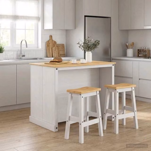 Set isola da cucina moderno vidaXL in 3 pezzi in pino massello bianco e cera di miele L/P/H: 112,0 x 77,0 x 91,5 cm – 1