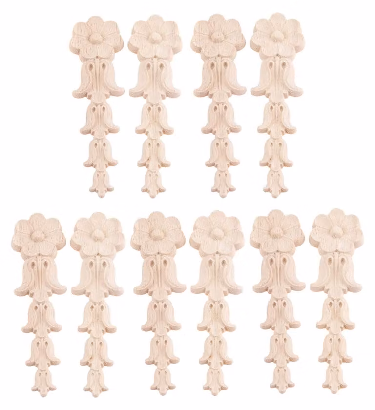10 applicazioni decorative in legno intagliato, 13 x 3,5 cm