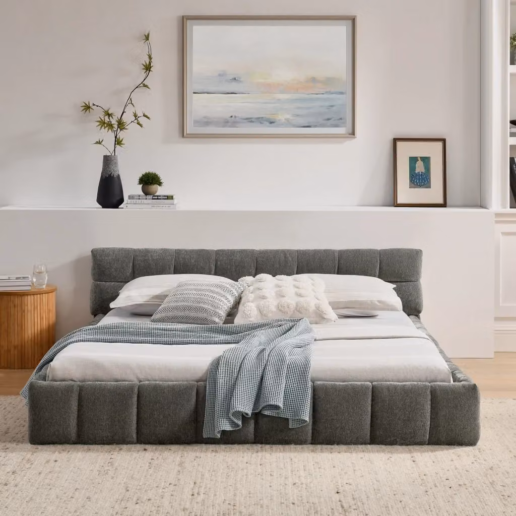 Letto matrimoniale moderno in tessuto grigio con struttura in legno e metallo, L/P: 160 x 200 cm – 2