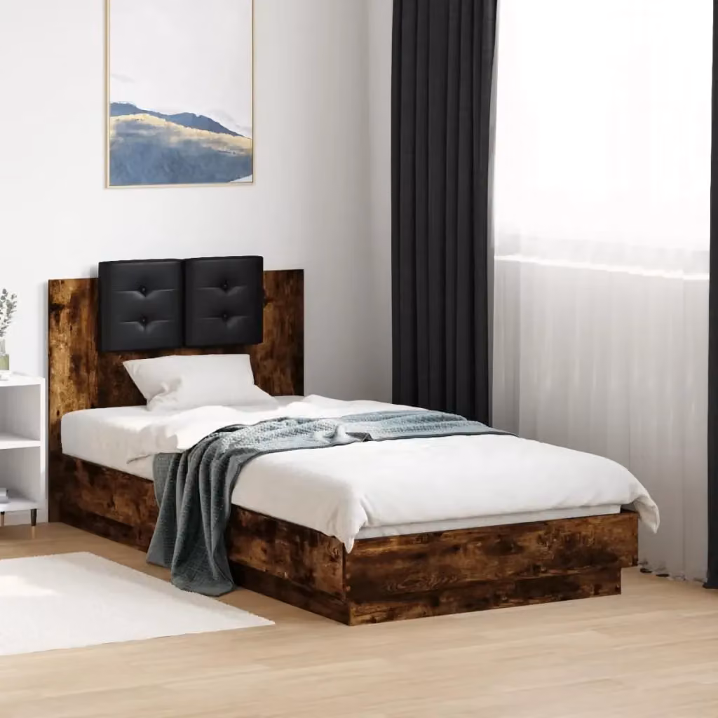 Letto singolo per adulti con testiera in legno multistrato Rovere Fumo, design moderno, colore marrone e nero – 2