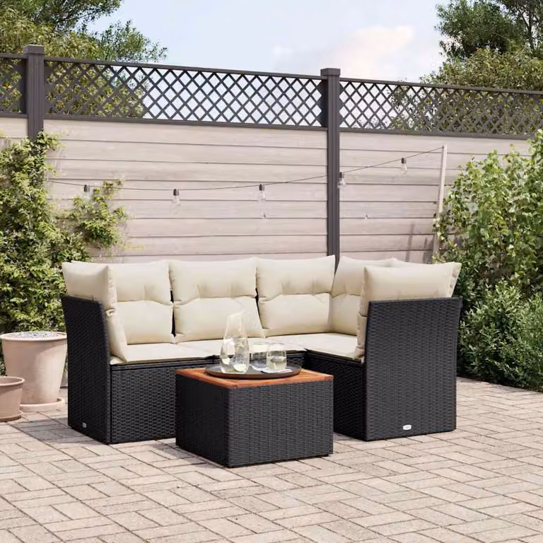 Set Divani da Giardino vidaXL 5 pz a Forma a L con Tavolino, Polyrattan e Cuscini con Rivestimenti Rimovibili, Nero e Bianco