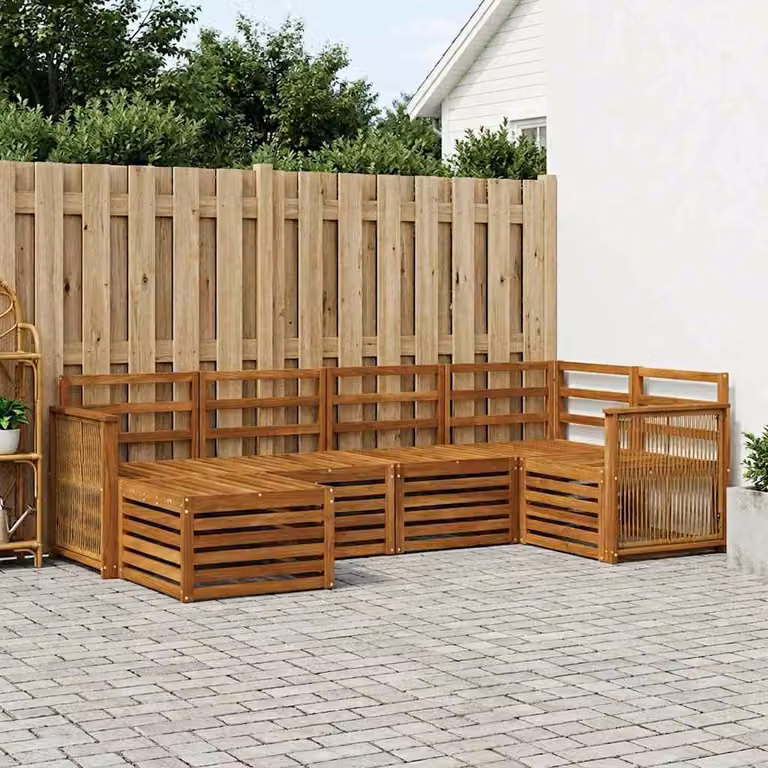 Set di divani da esterno vidaXL 5 pz in legno di acacia massello marrone con cuscini e pouf inclusi