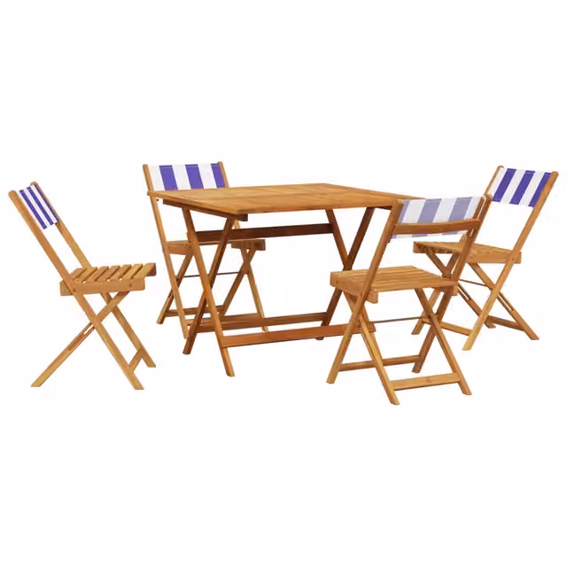 Set Pranzo da Giardino 5 Pezzi in Legno di Acacia con Tessuto a Righe Blu e Bianco