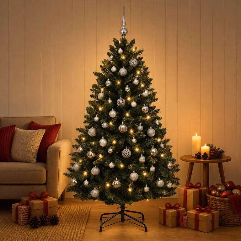 Albero di Natale artificiale, color verde scuro, decorato con palline natalizie