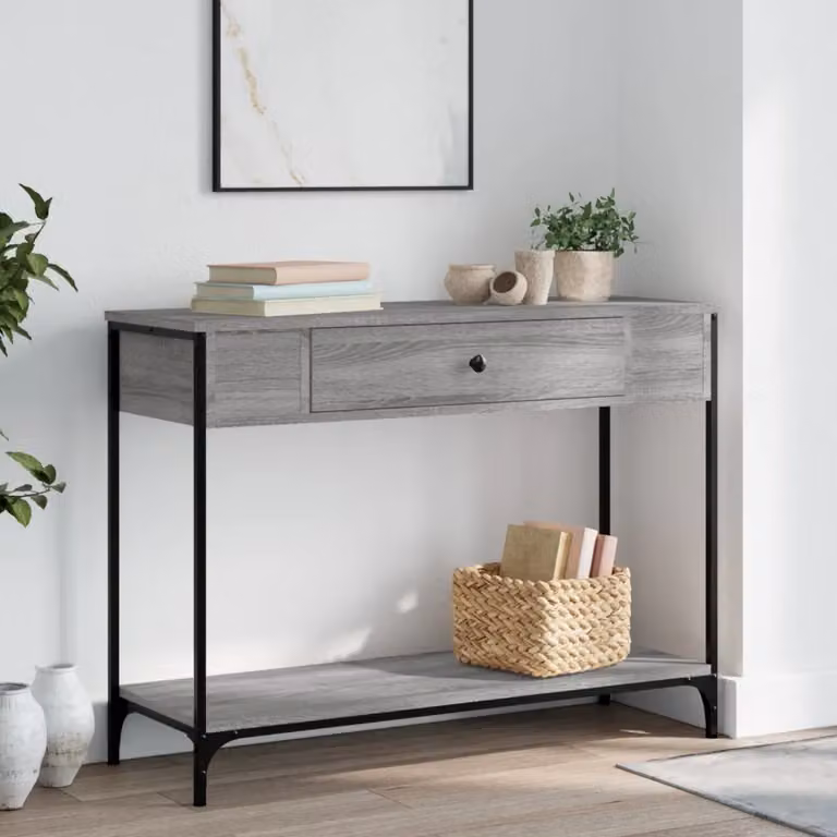 vidaXL Tavolino Consolle in Legno e Metallo Grigio, L 100 x P 34,5 x H 75 cm