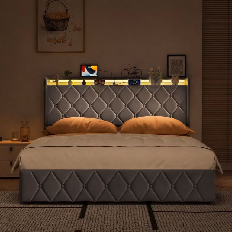 Letto imbottito UnboxG 140x200 cm con contenitore, in velluto, colore grigio, con sistema di sollevamento idraulico, illuminazione a LED, prese USB e di tipo C, e rete a doghe inclusa