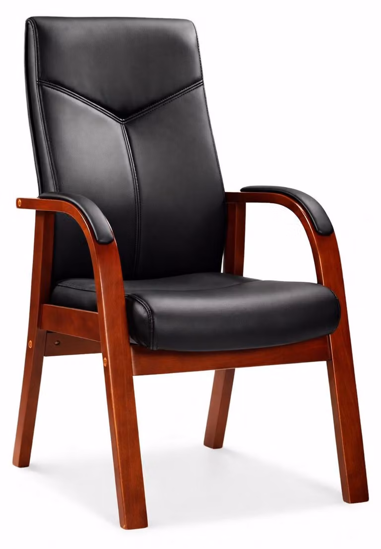 Elegante sedia da conferenza con rivestimento in pelle nera e struttura in legno