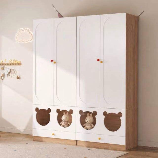 Armadio per bambini 2 ante con asta appendiabiti ripiani e cassetti in MDF bianco e naturale 80 × 50 × 200 cm