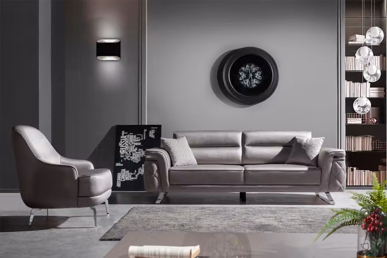 Elegante Wohnzimmer Silber Sitzmöbel Polster 3-Sitzer Sessel 2tlg
