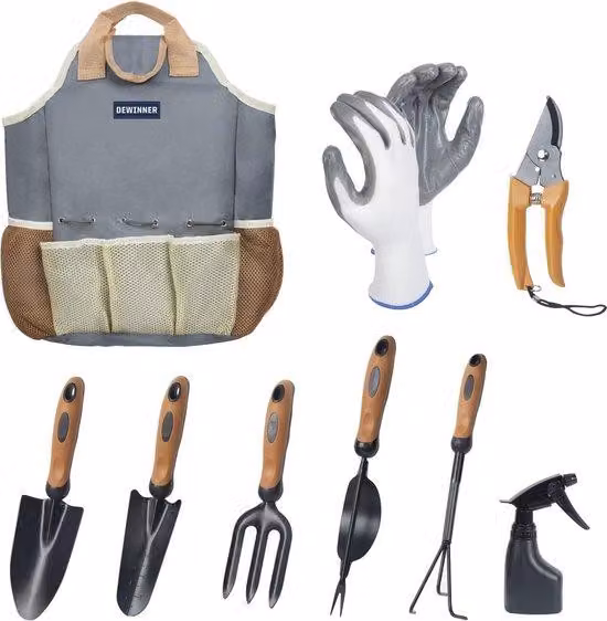Set di attrezzi da giardino Unyqoos® composto da 8 pezzi: utensili in acciaio inossidabile resistente alla ruggine, borsa da trasporto in tessuto Oxford 600D, impugnature ergonomiche antiscivolo, guanti e flacone spray