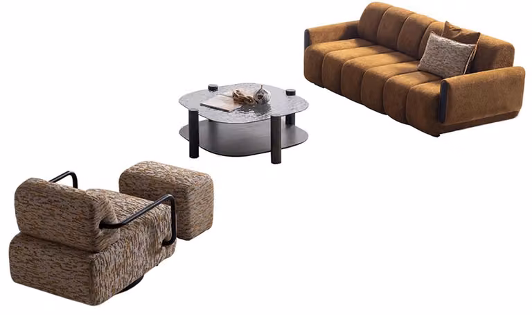 Modernes Wohnzimmer-Set Polstersofa Textilsessel Hocker Holztisch