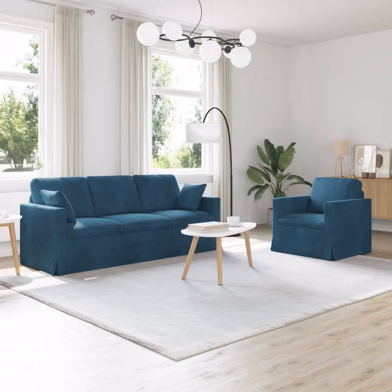 Set di 2 divani moderni vidaXL in velluto blu con struttura in metallo e coperture rimovibili
