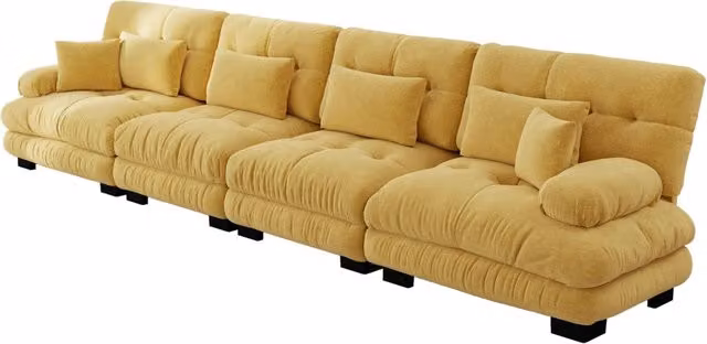 Divano angolare modulare da 4 posti con seduta profonda e cuscini, design moderno in tessuto giallo – 1