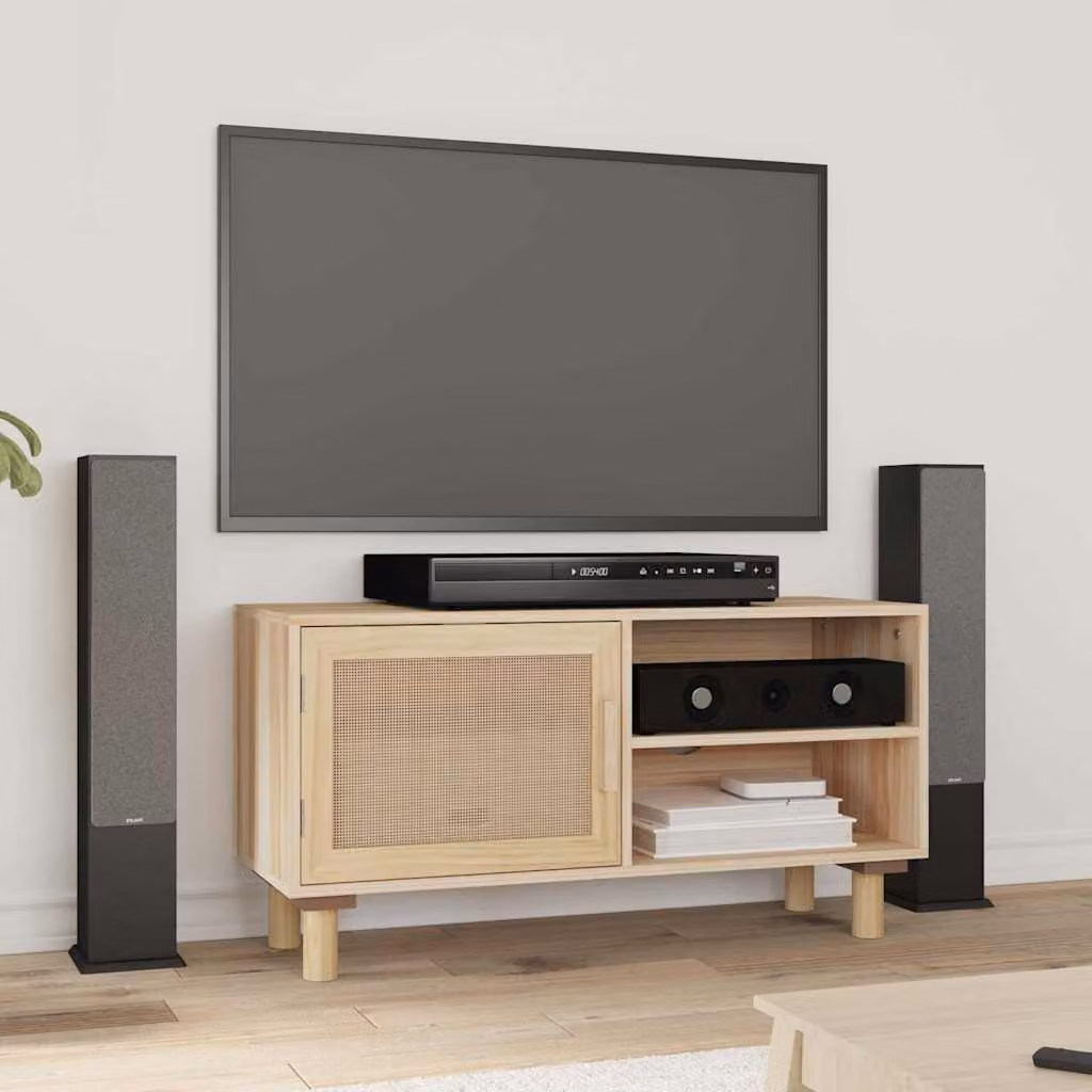 Mobile TV vidaXL in legno di pino massello e rattan naturale, colore marrone, L 80 cm x P 30 cm x H 40 cm