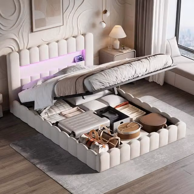 Letto matrimoniale 140x200 cm con contenitore idraulico LED testiera regolabile struttura in metallo velluto - albicocca