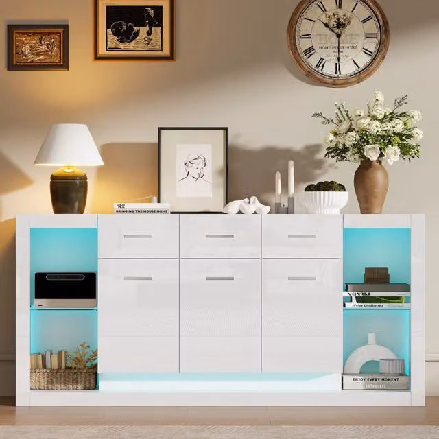 Madia con 3 ante e 3 cassetti, 14 vani, LED e ripiani regolabili per soggiorno, truciolare, bianco, 160×40×75 cm