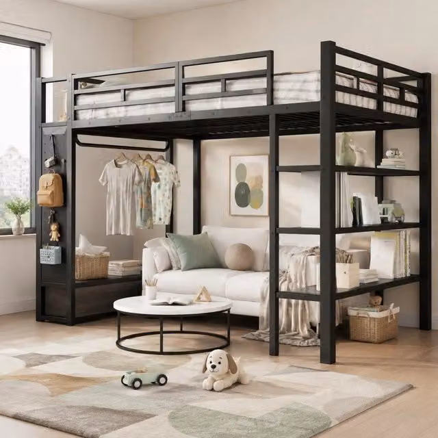 Letto a soppalco 140 × 200 cm con armadio, 2 cassetti, ripiani, LED regolabile e pannello forato, senza materasso