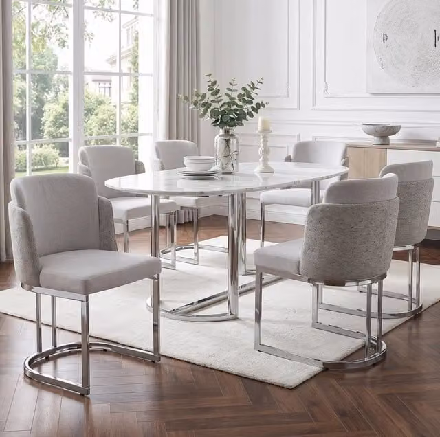 Set 6 sedie da pranzo ULEVR in ciniglia grigio e argento, schienale doppio, seduta imbottita e gambe in metallo