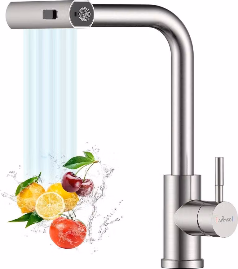 APPASO Rubinetto da cucina estraibile a cascata in acciaio inox spazzolato 3 tipi di getto