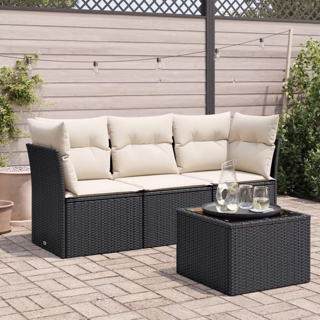 Set di Divani da Giardino vidaXL 4 Pezzi con Tavolino e Cuscini, Design a L in Polyrattan e Metallo Nero – 1